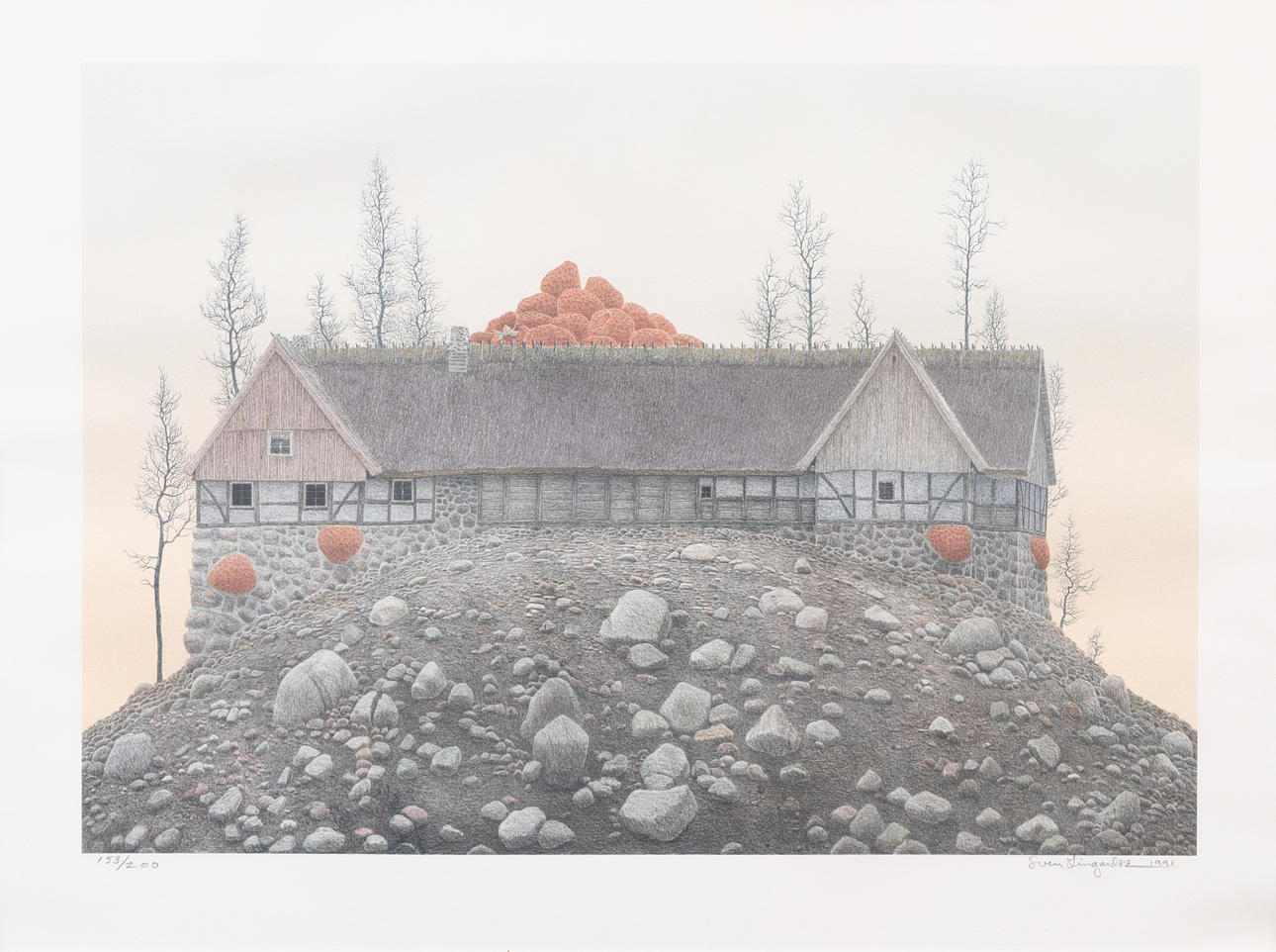 SVEN  LINGARDSZ. Barn with strawberries, lithograph, signed and numbered.