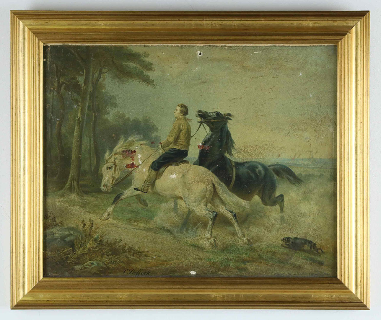 CARL STEFFECK (1818-1890). After. oil print, Landscape with horses, signed in print.