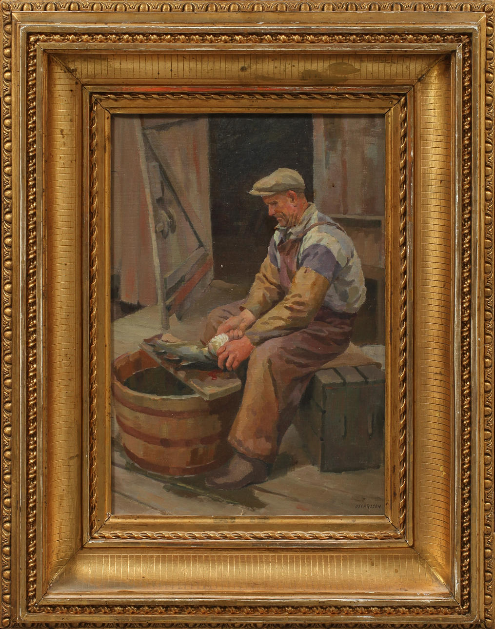 BERNHARD OSCARSSON. Fiskrensning, olja på duk, sign.