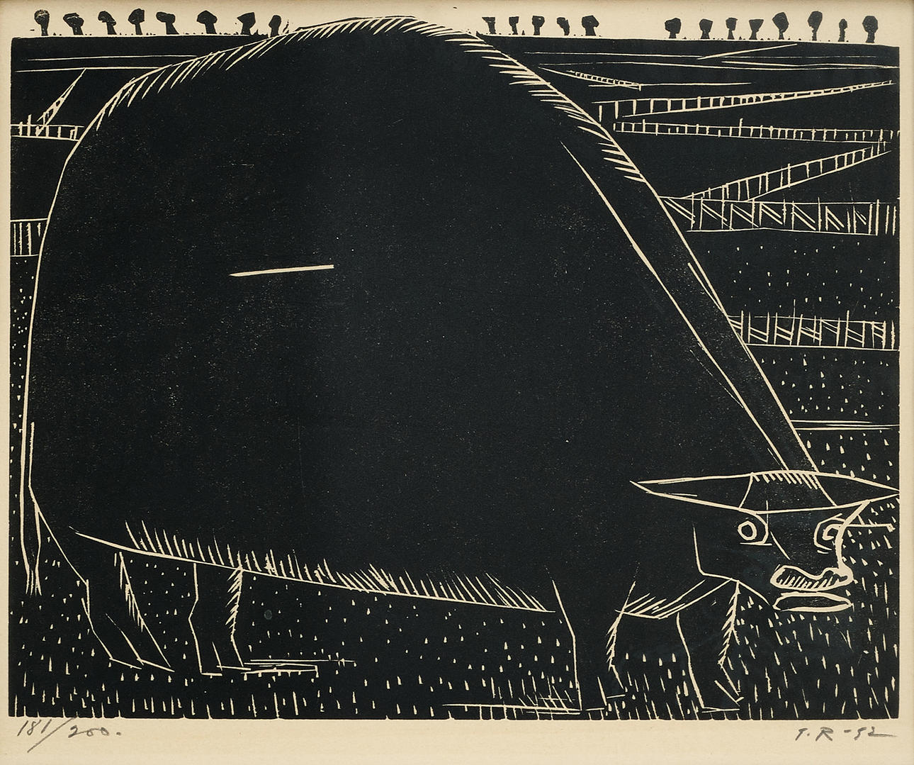 TORSTEN RENQVIST. Ox, monogram signed, dated -52, numbered 181/200, woodcut.