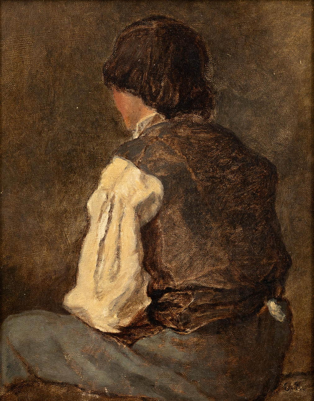 ATTRIBUTED TO EMMA EKWALL (1838 - 1925). Sitting boy, oil on panel, monogram signed.