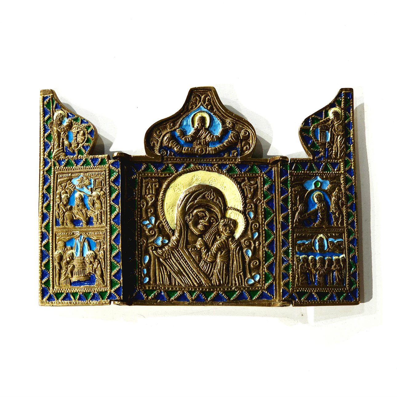 Religious triptych in enameled bronze.