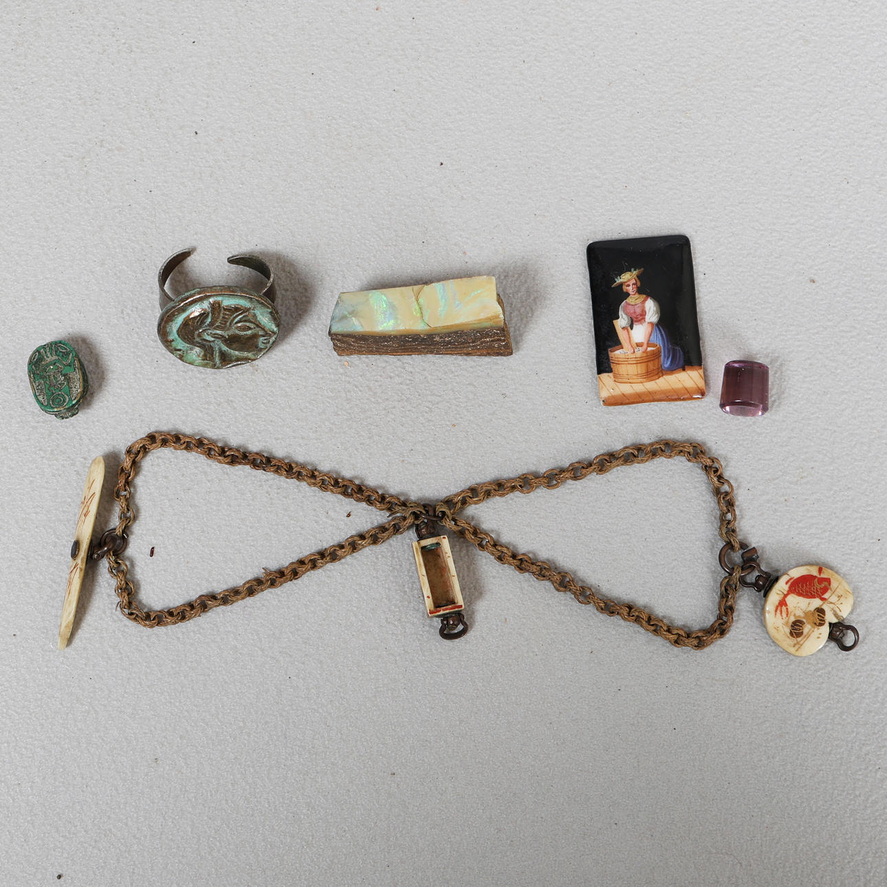 WORKS OF ART TO INCLUDE A CHINESE WOVEN AND BONE WATCH CHAIN (6).