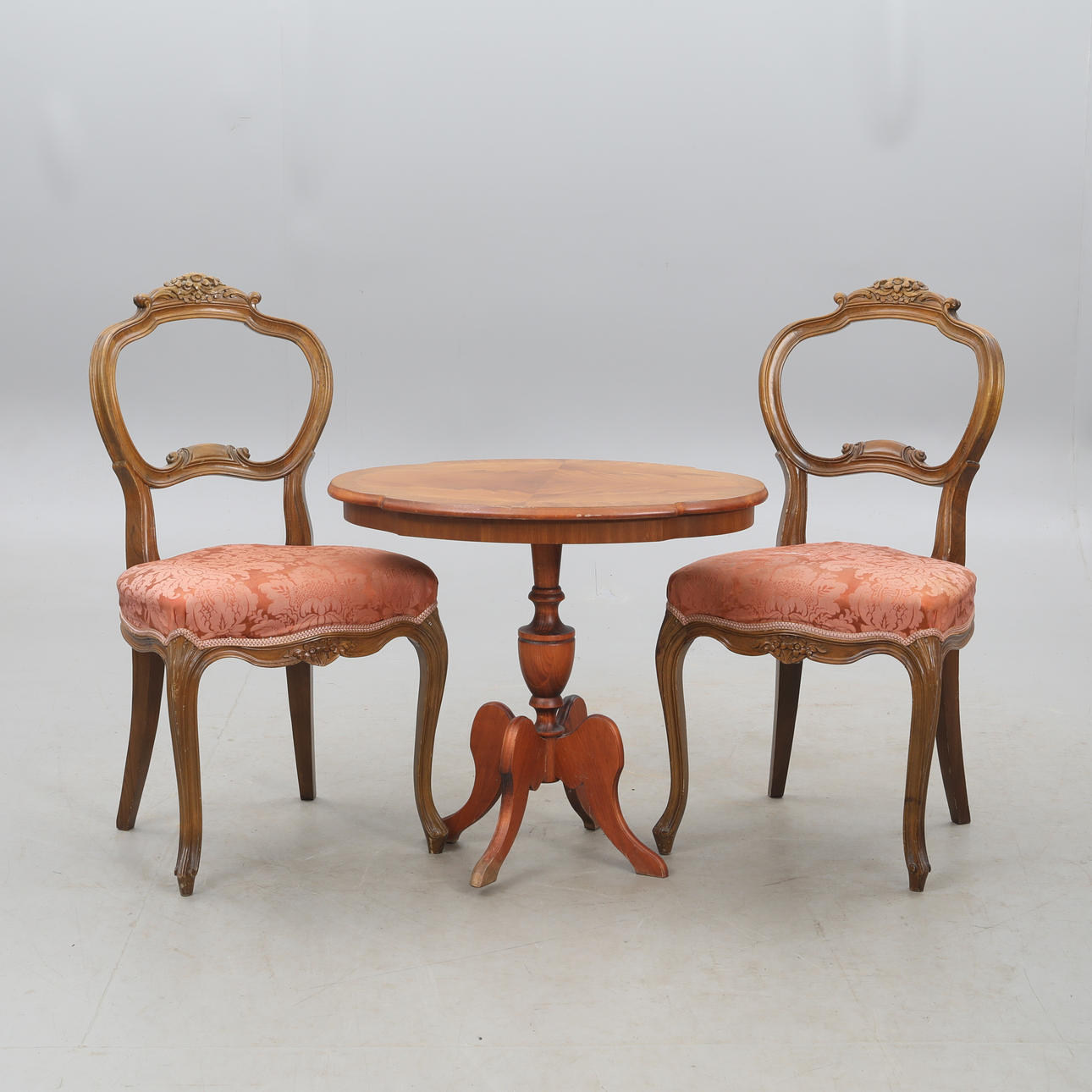 PILLAR TABLE, and CHAIRS, 3 pieces.