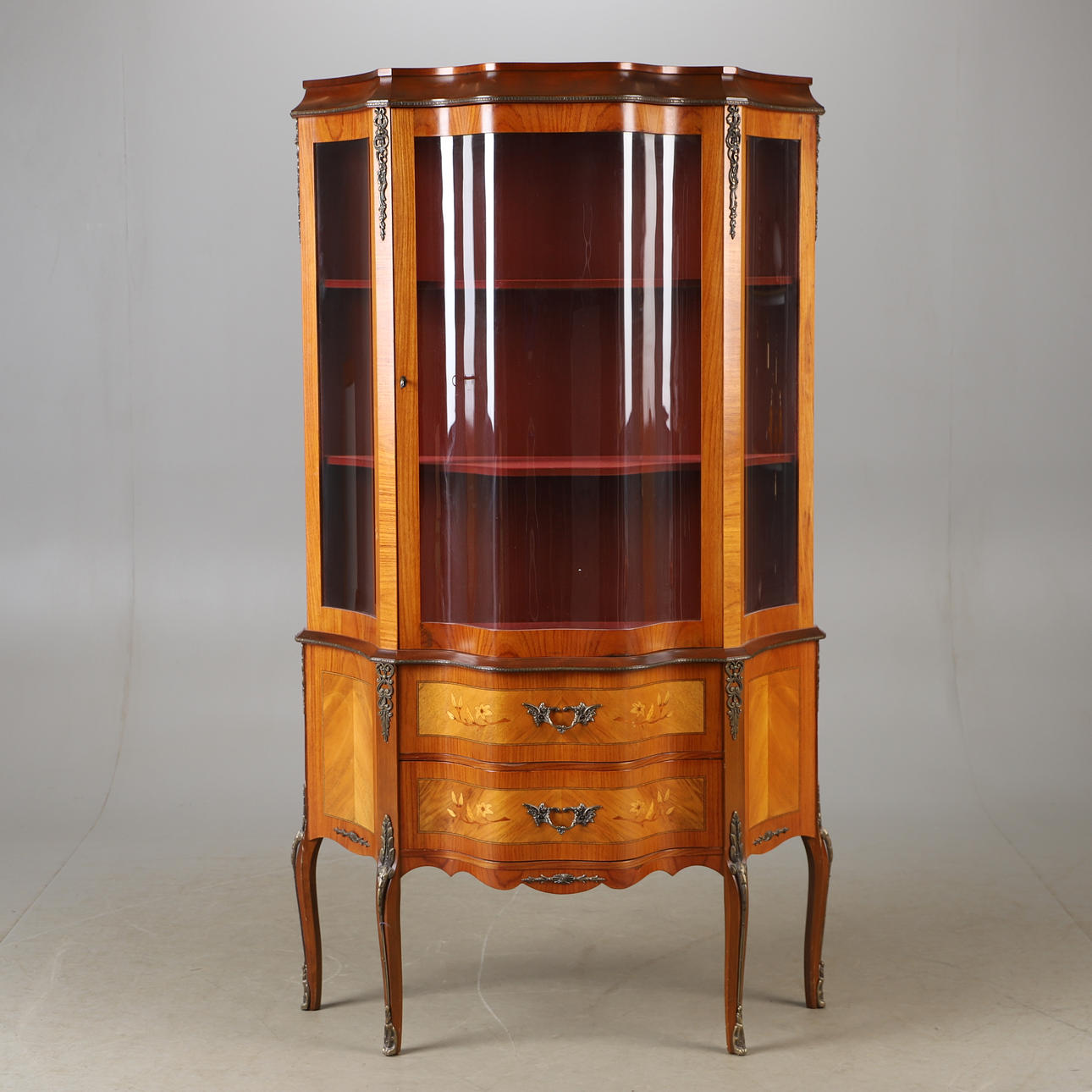 DISPLAY CABINET, mahogany with intarsia and bronzes, rococo style.