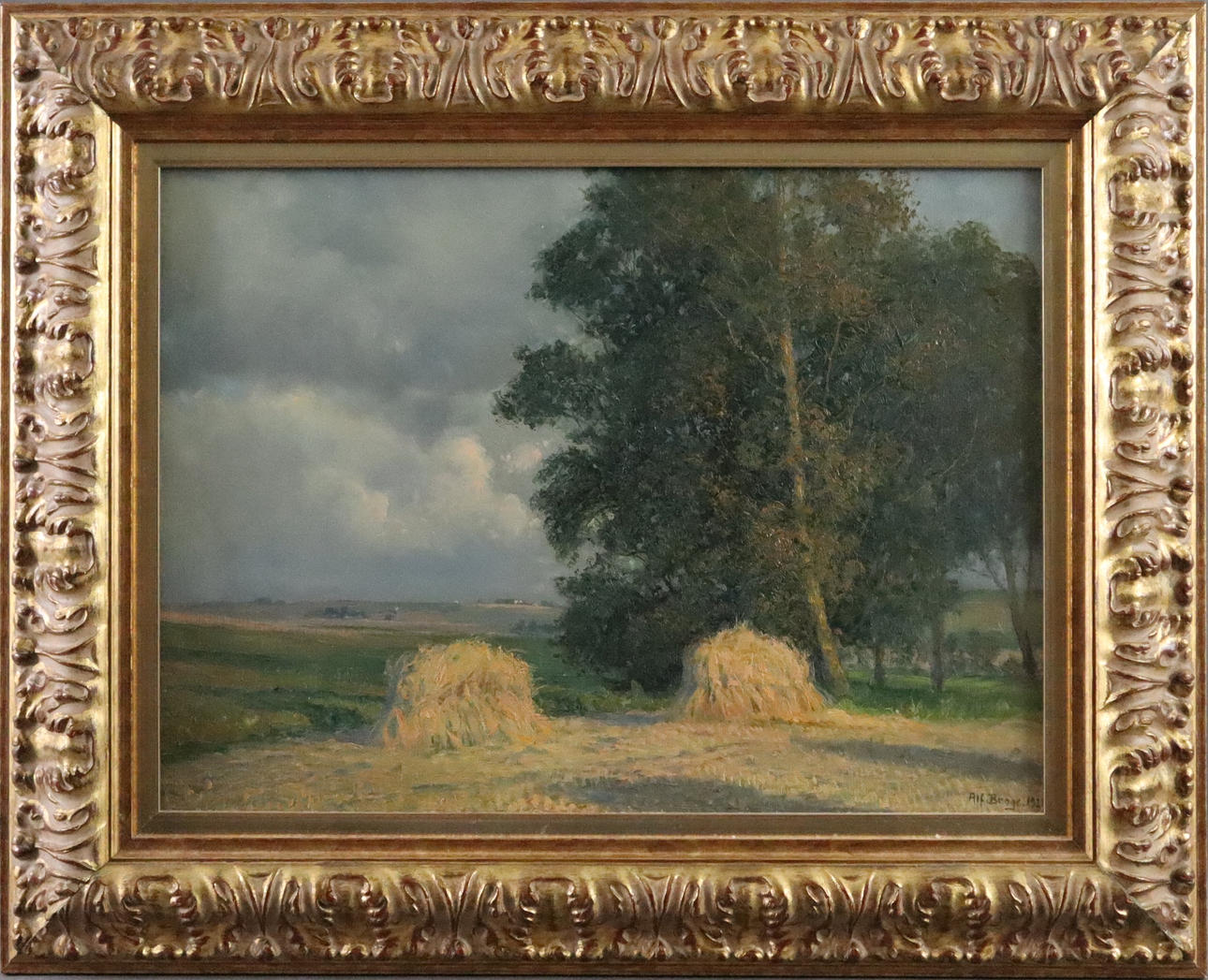 BROGE, ALFRED. - Wide field landscape with two haystacks, oil on canvas.