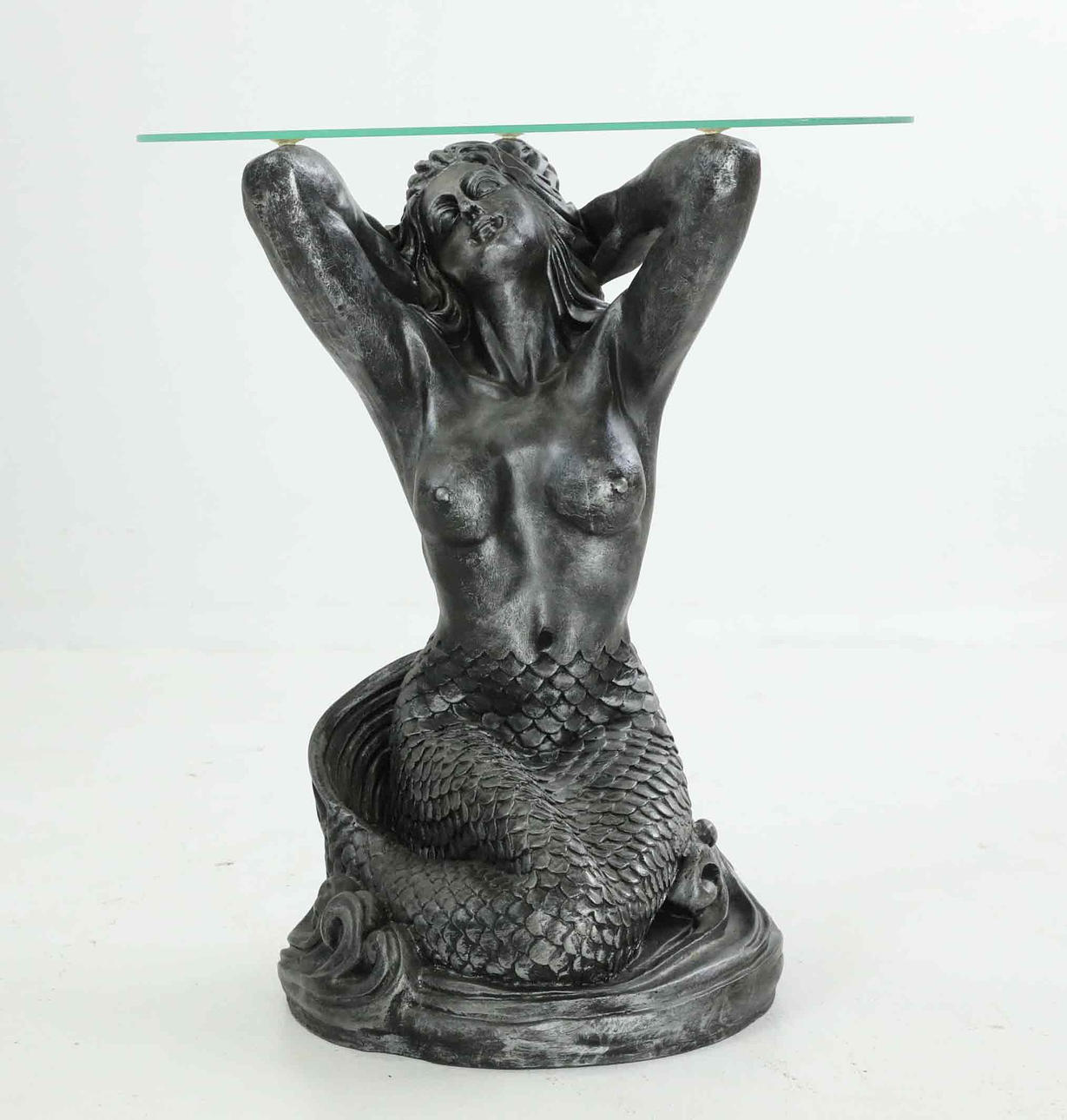 A table, art mass, glass, in the shape of a mermaid, 1900/2000s.