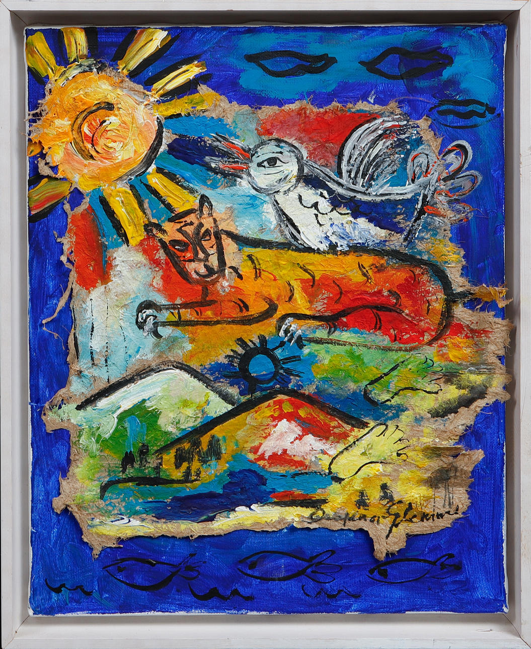 DAGMAR GLEMME. Composition with animals, mixed media on canvas, signed.