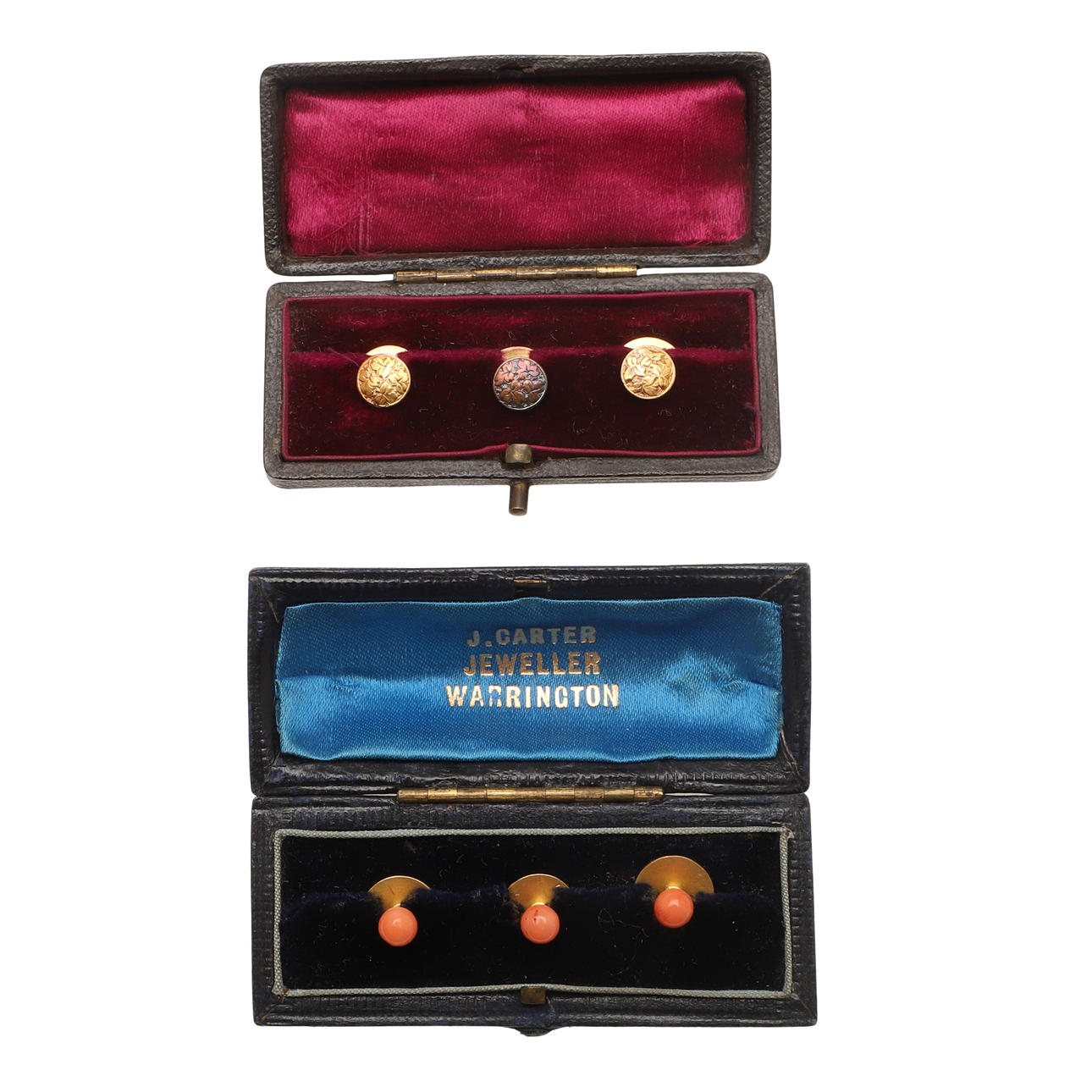 TWO CASED SETS OF 15CT GOLD STUDS.