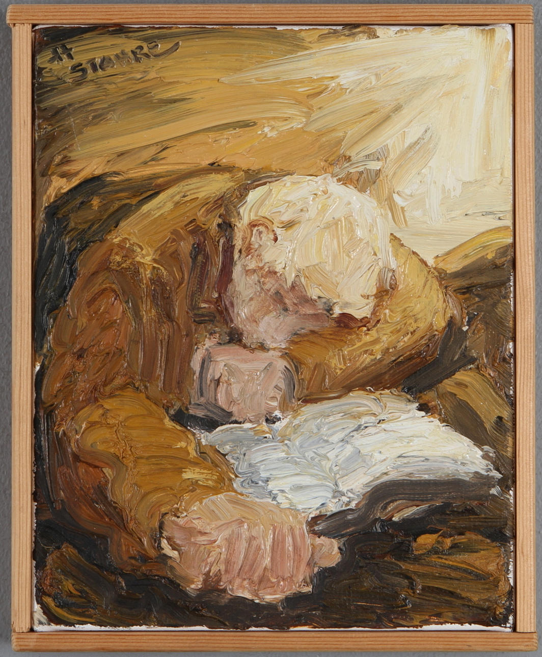 HÅKAN STAHRE. Somnat vid boken, olja på duk, signerad.