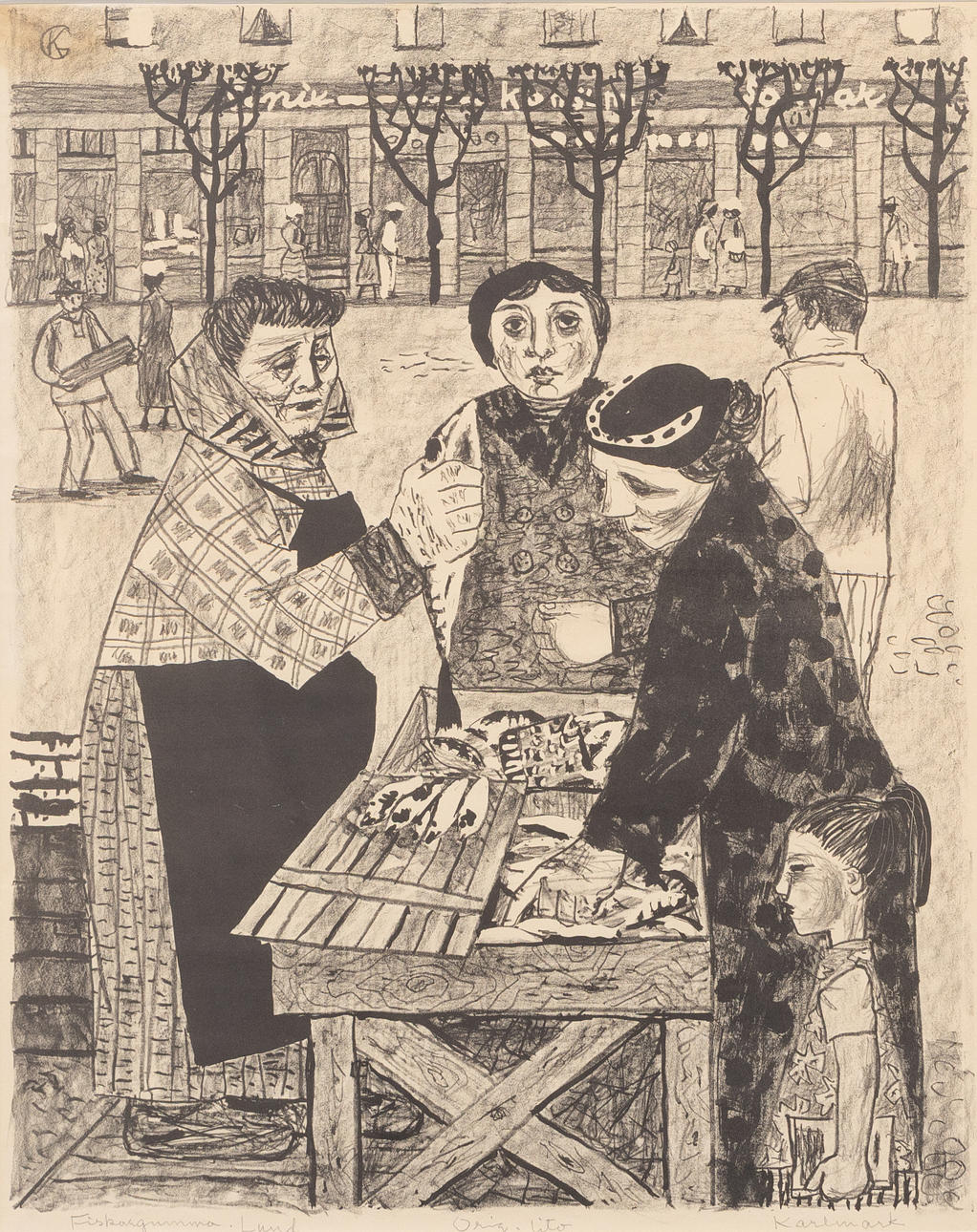 GERHARD KARLMARK. Fiskargumma, Lund, lithograph, signed.