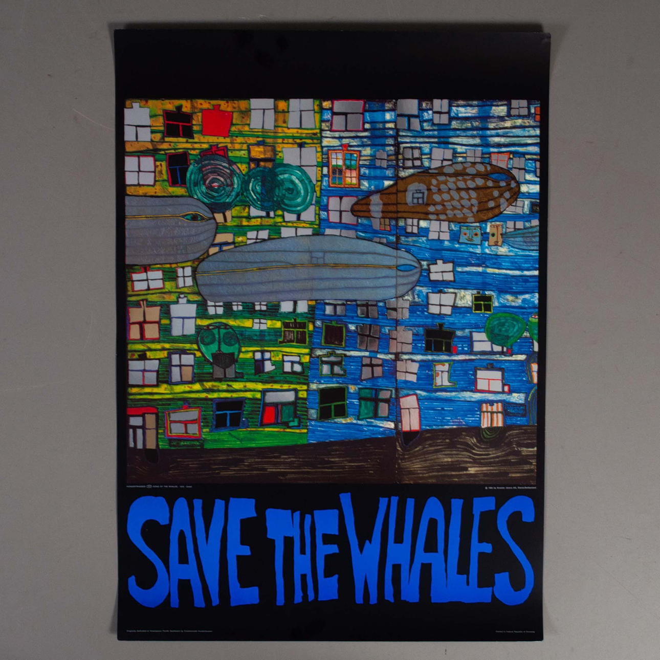 FRIEDENSREICH HUNDERTWASSER. Poster, “Save the whales”, embossed offset print, unsigned.