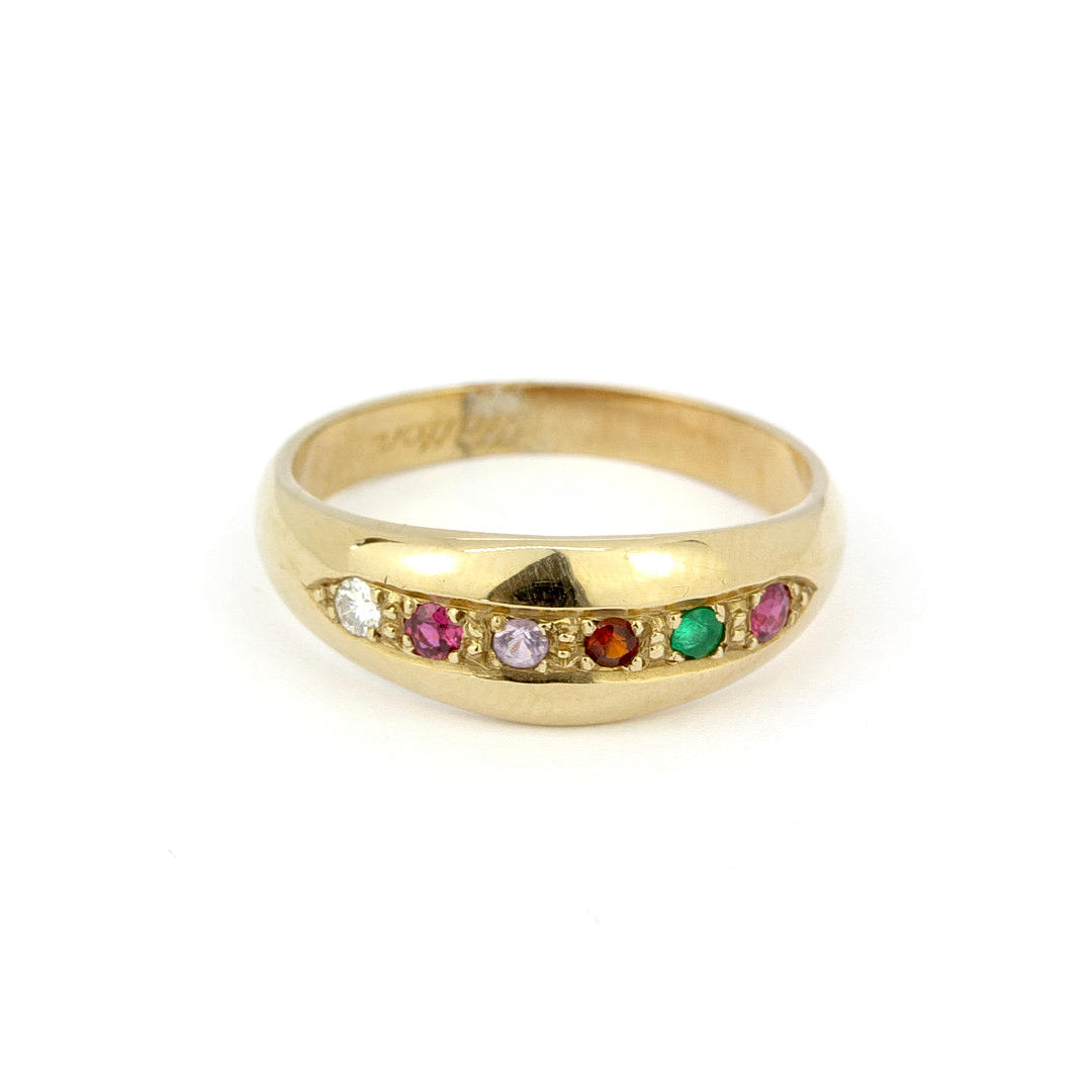 9CT GOLD MULTICOLOUR STONE SET RING.