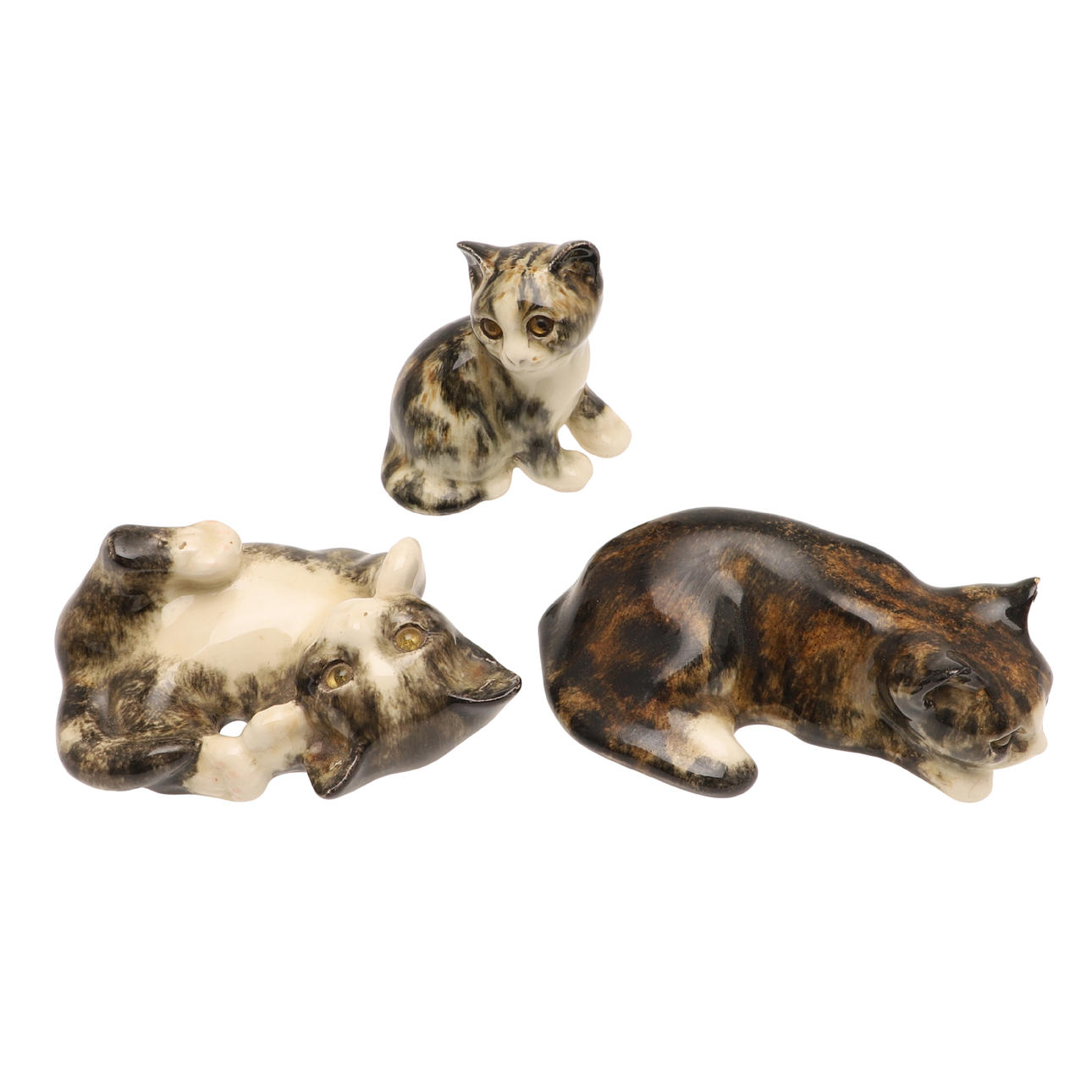 THREE JENNY WINSTANLEY POTTERY TABBY KITTENS.