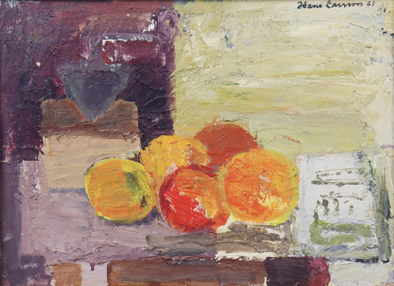 HANS LARSSON. óleo sobre lienzo, bodegón de frutas.