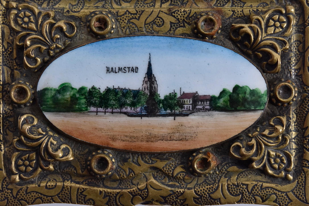 A brass/enamel box, “Halmstad”, early 20th century.