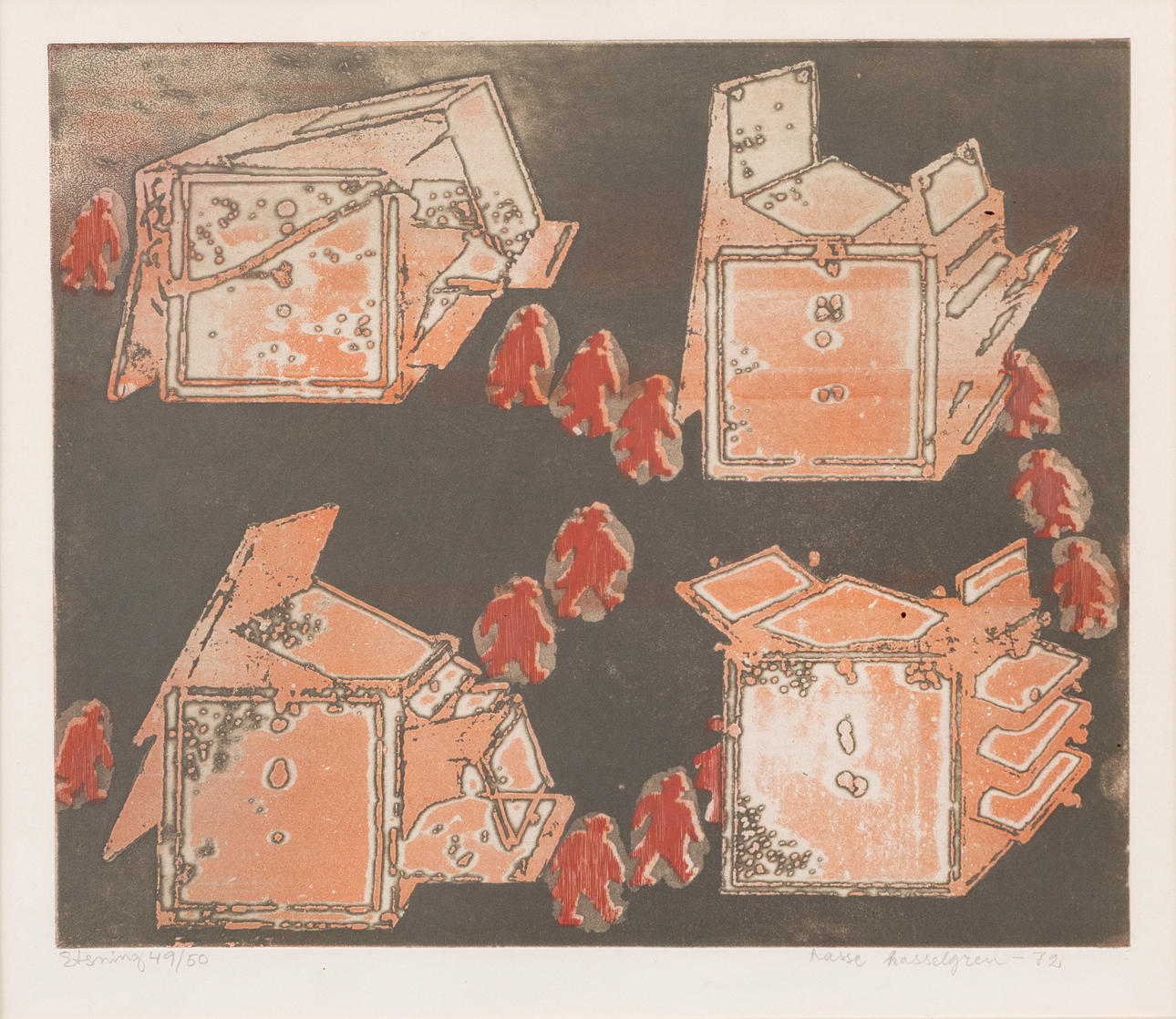 HASSE HASSELGREN. Composition with figures, colour etching, signed and dated -72.