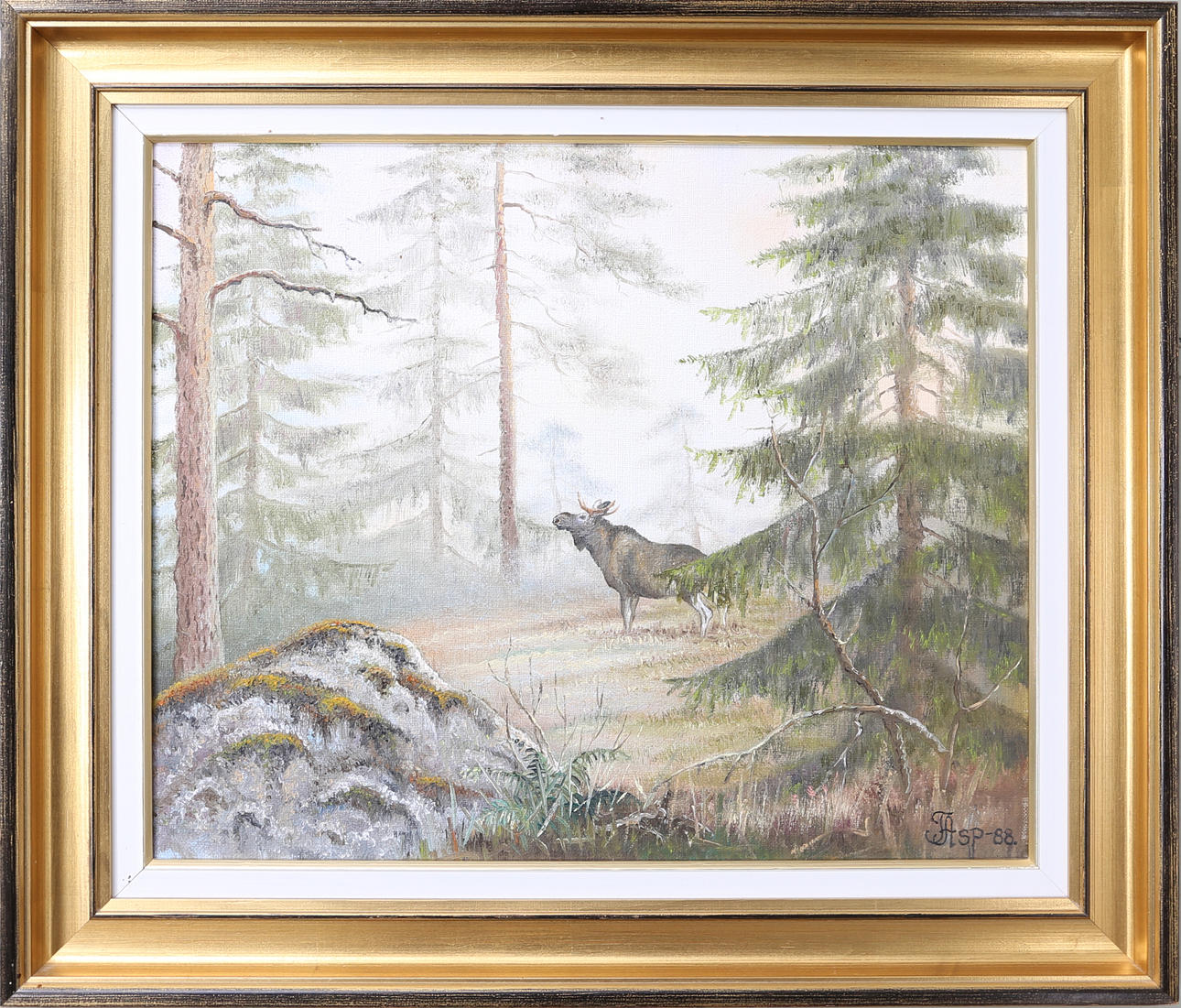 FINN ASP. Älg i skogslandskap, olja på duk, signerad och daterad 1988.