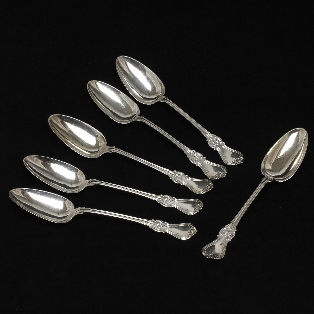 MATSKEDAR, 6 st, silver, modell Olga / nyrokoko, J Westerlind, Malmö, 1877.