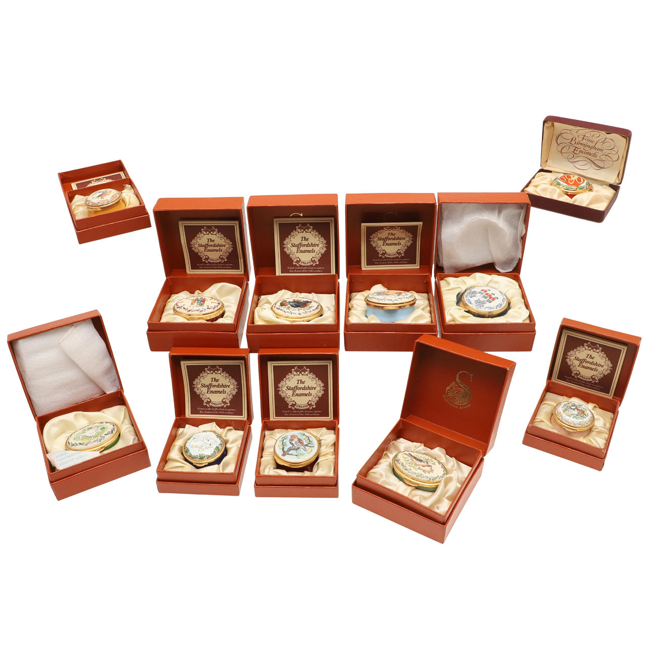 STAFFORDSHIRE BOXED ENAMEL BOXES.