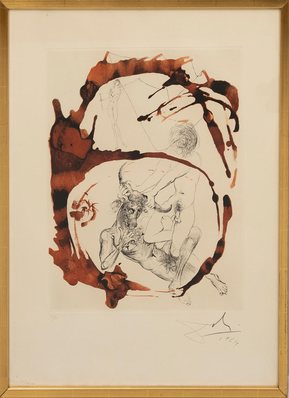 SALVADOR DALÍ. “Theseus and the Minotaur”, watch: “The Mythology”. color etching, signed and numbered 70/15, 1964.