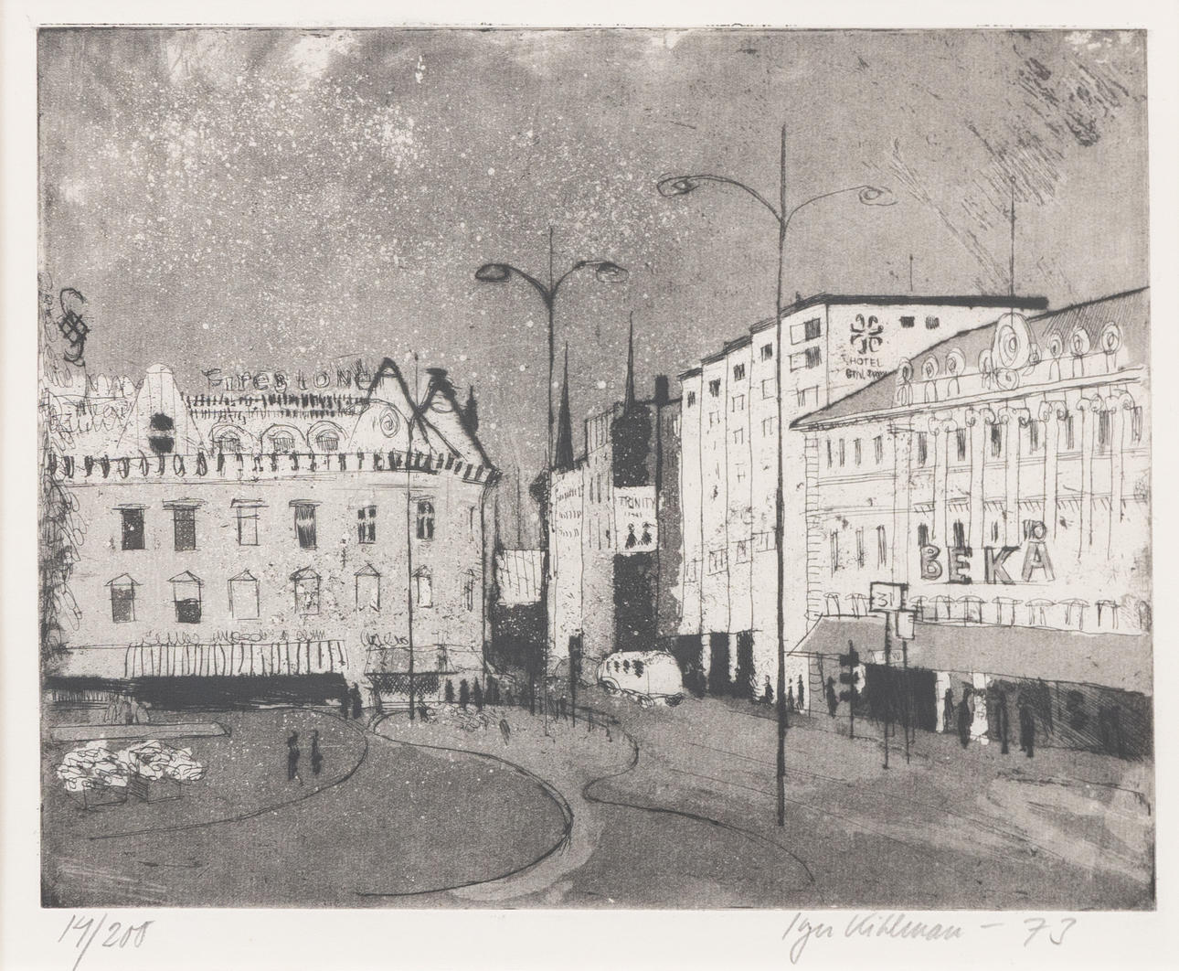 INGER KIHLMAN (1933-1998). Gustav Adolfs torg in Malmö, etching, signed and dated -73.