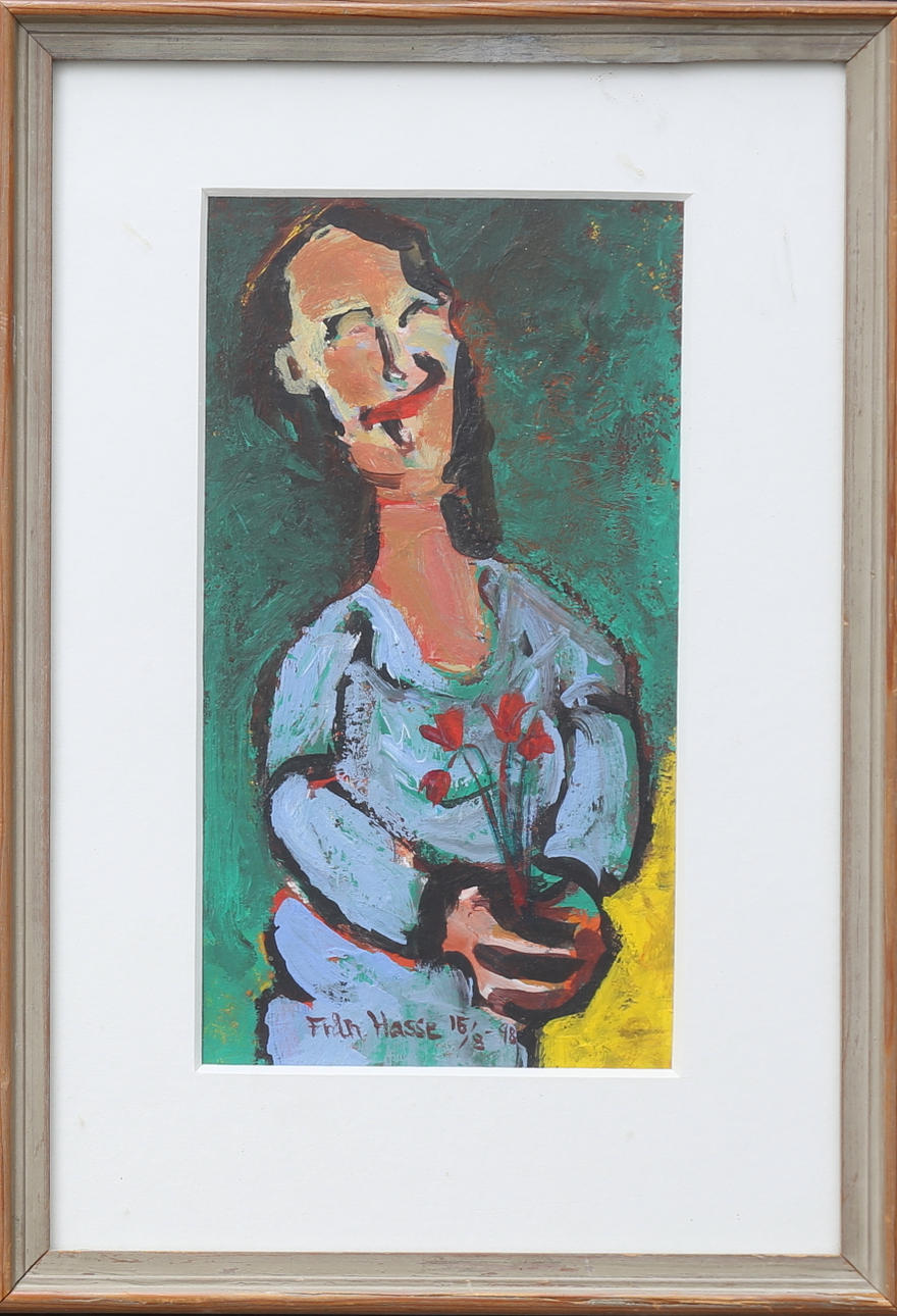 HANS ELIASSON. Glad dam med blommor. Olja på pappannå, signerad Från Hasse 15/8 -98.