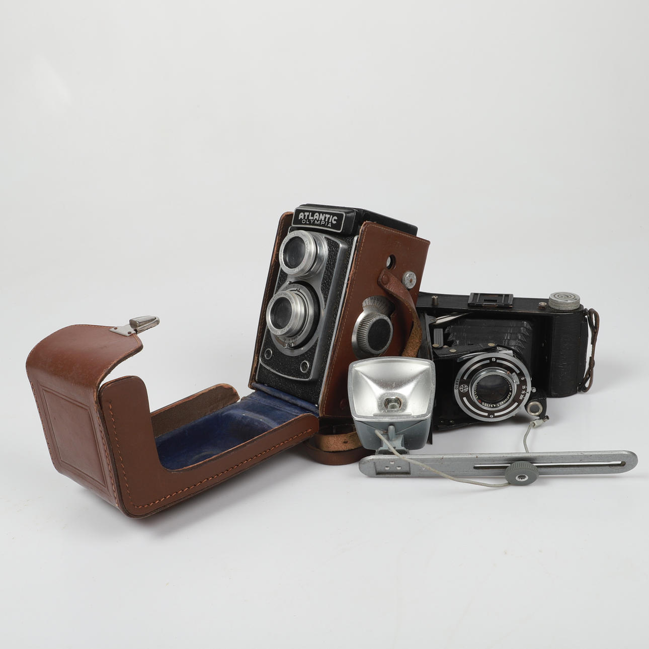 CAMERAS WITH ACCESSORIES, 2 pieces, Atlantic, Olympia, Bomafix.