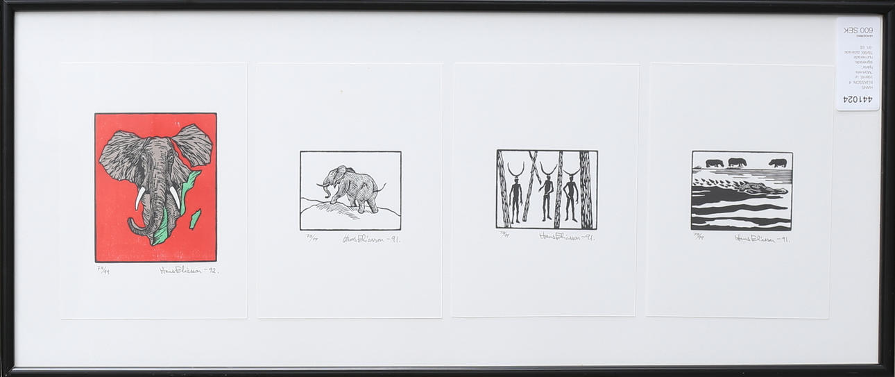 HANS ELIASSON. 4 träsnitt, ur "Mörkrets hjärta", signerade, numrerade 78/99, daterade -91.