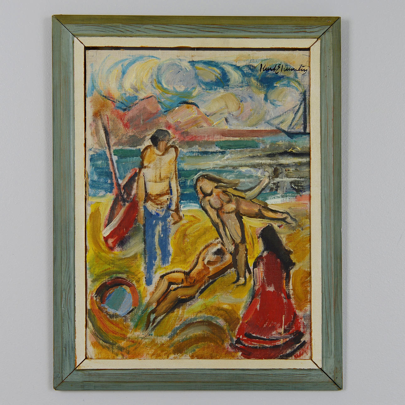 OIDENTIFIERAD KONSTNÄR. Beach bath, oil on panel, signed.