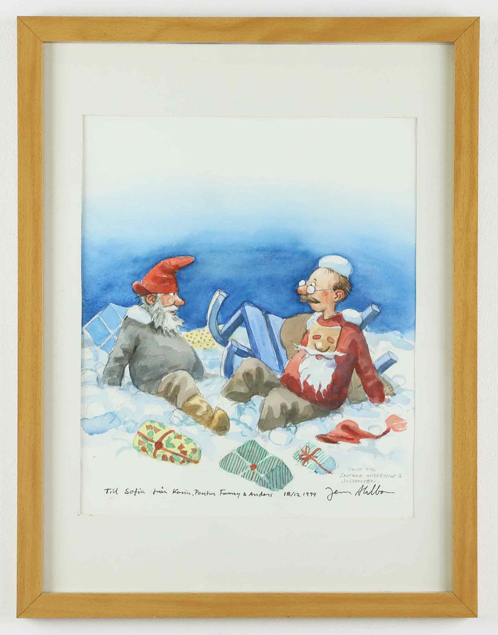 JENS AHLBOM. Watercolor, Sketch for Snickar Andersson & Jultomten, signed, dated.