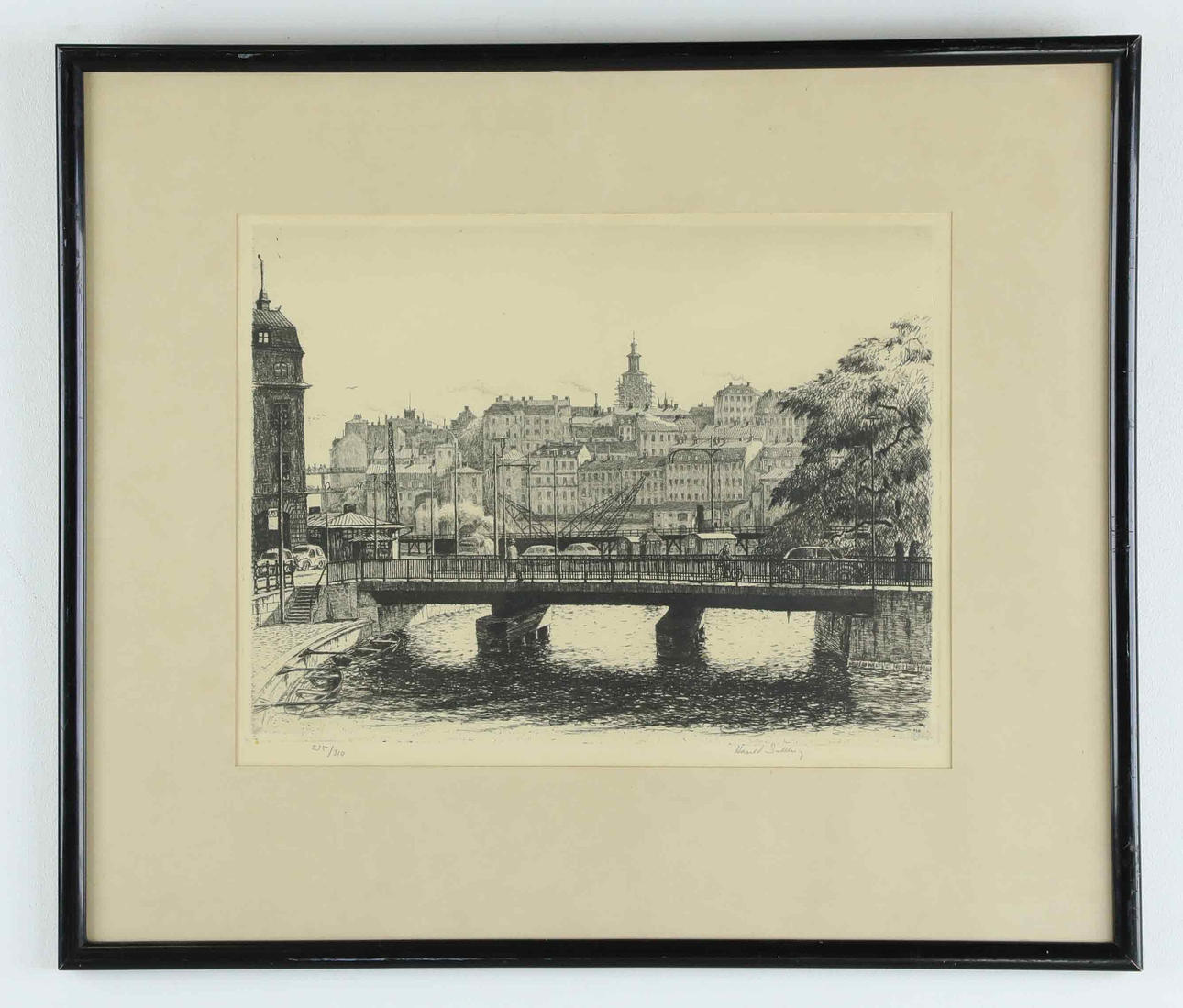 HARALD SALLBERG. etching, “Riddarholmskanalen”, numbered and signed.