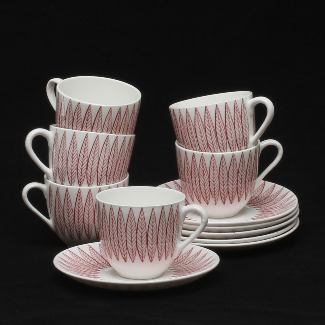 KAFFEKOPPAR MED FAT, 6 delar, benporslin, "Salix", Stig Lindberg, Gustavs berg.