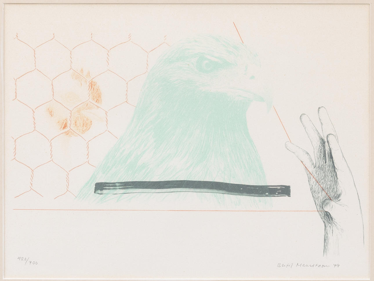 BERTIL MAURITZON. Birds of prey motif, lithograph in colours, signed and dated -79.
