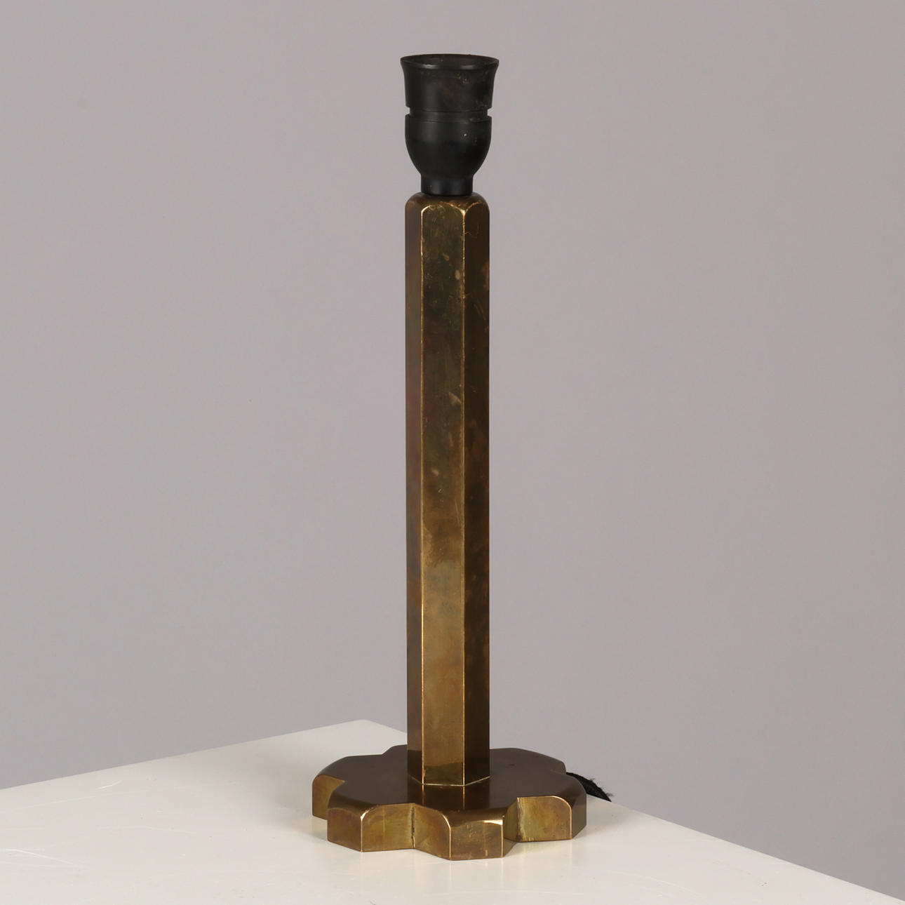 Table lamp with hexagonal stem and base, solid brass, Swedish or Danish lamp manufacturer, 20th century.