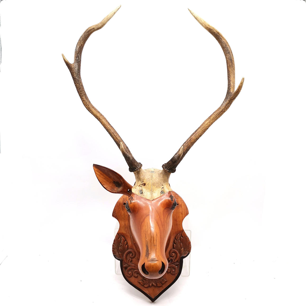 GESCHNITZTER, LEBENSGROSSER TROPHÄENHIRSCHKOPF AUS HOLZ.