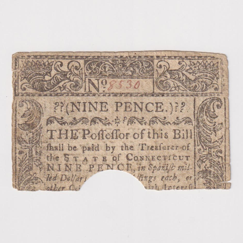 EIN NEUN-PENCE-SCHEIN DES BUNDESSTAATES CONNECTICUT.