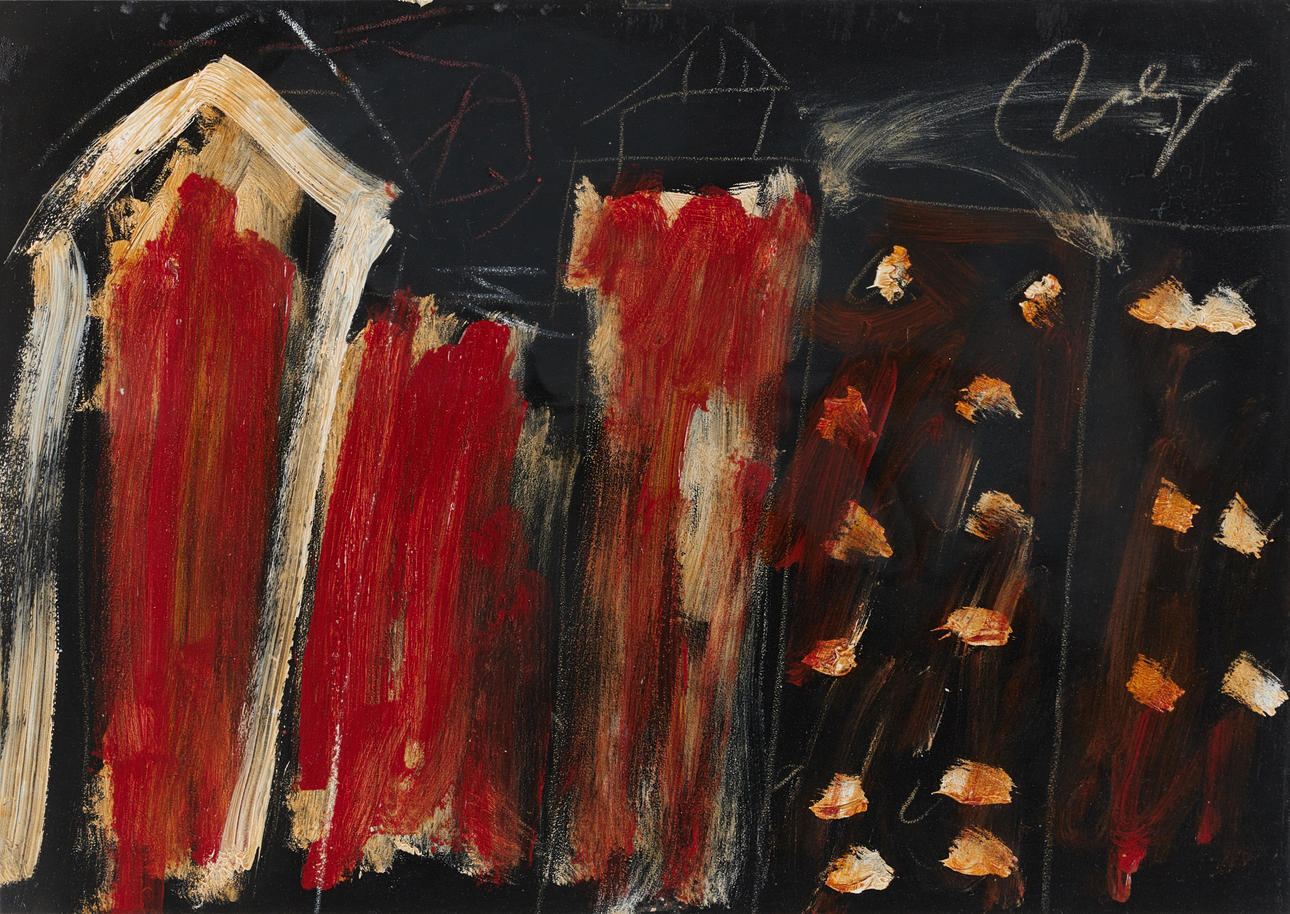 ARAMIS NEY. Composition with house, signed, gouache.