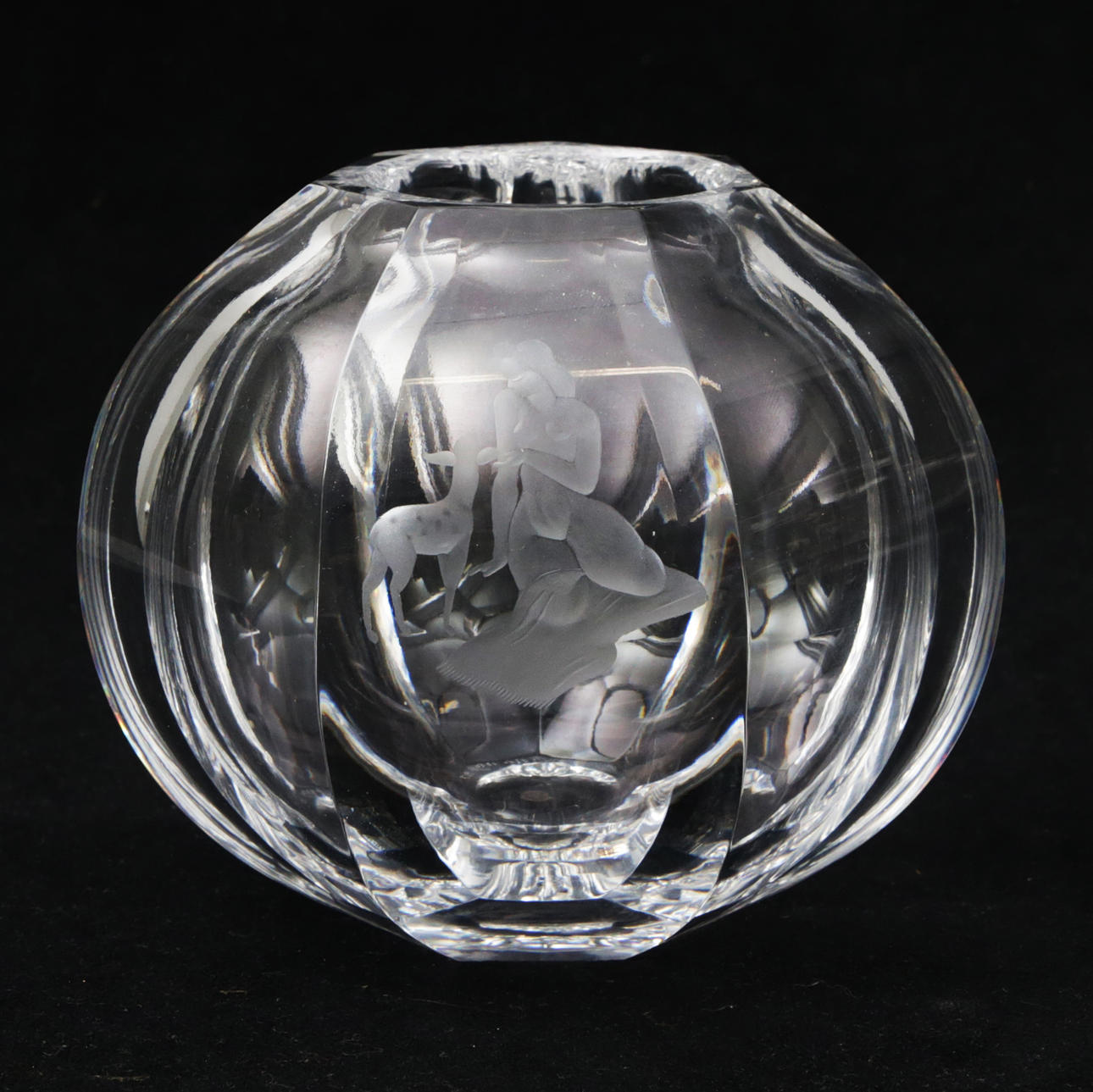 A glass vase, engraved, Boda, signed.