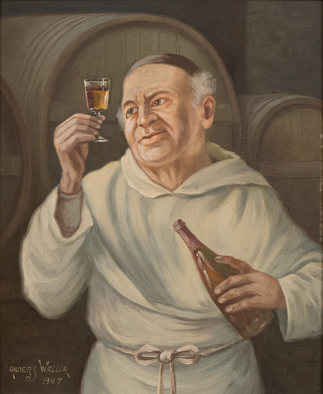 ANDERS WALLIN. Monk in wine cellar, oil on panel, signed Anders Wallin ,1947.
