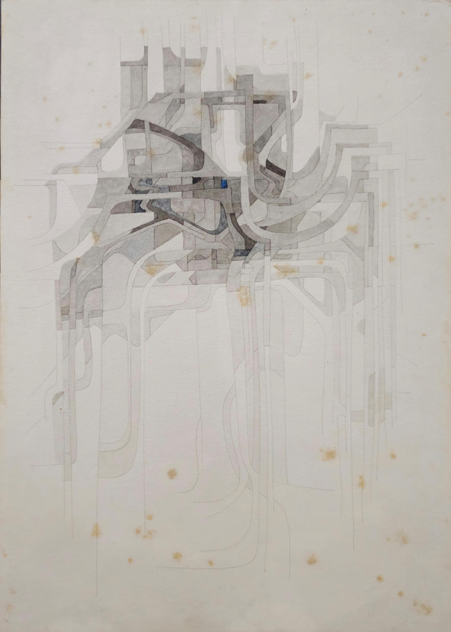 ABSTRACT COMPOSITION. MIXED MEDIA ON PAPER.