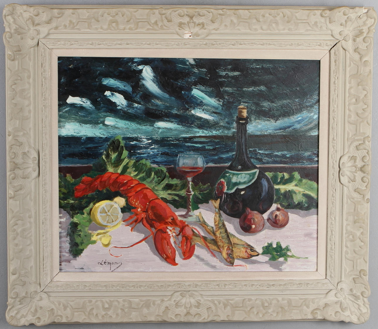 EMIL LEMON. Stilleben med hummer, olja på pannå, signerad.