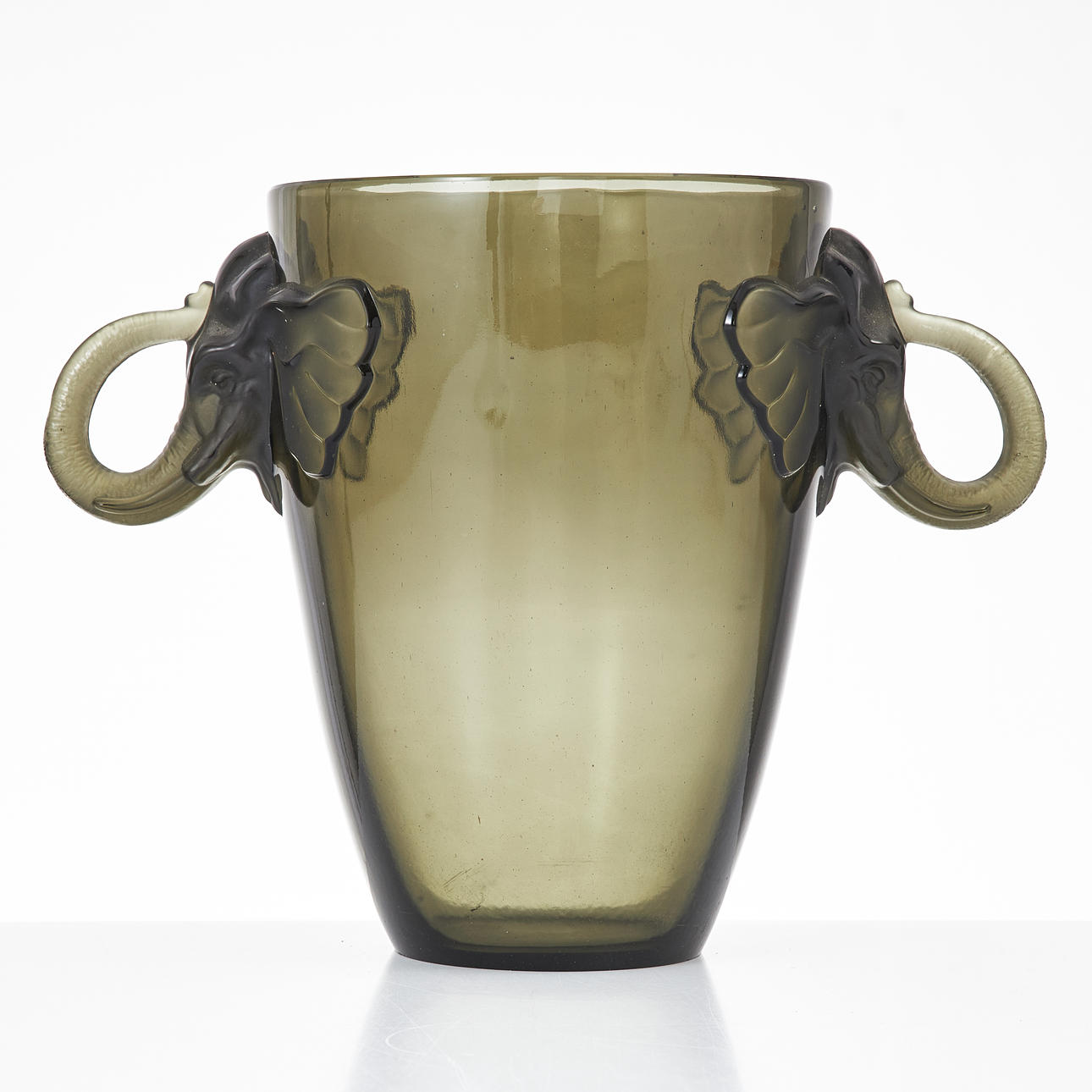 A Josef Inwald vase, Barolac, green-brown glass with frosted hangers in the shape of elephant heads.