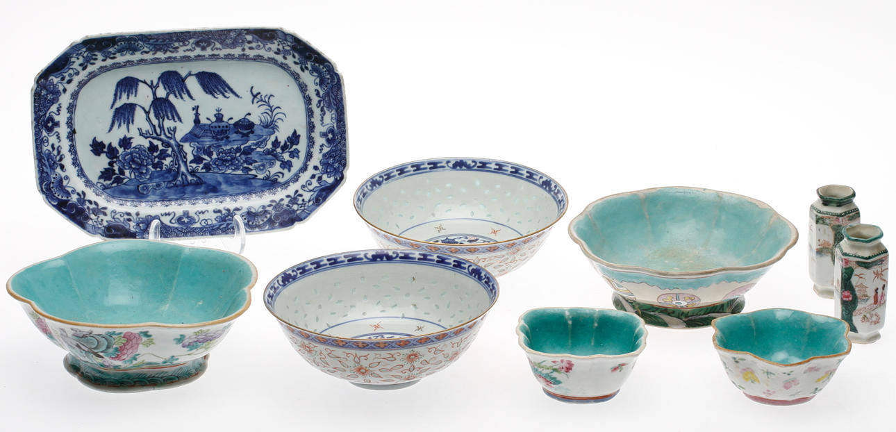 OSTINDISKT PORSLIN, 9 delar, 1800-1900-tal.