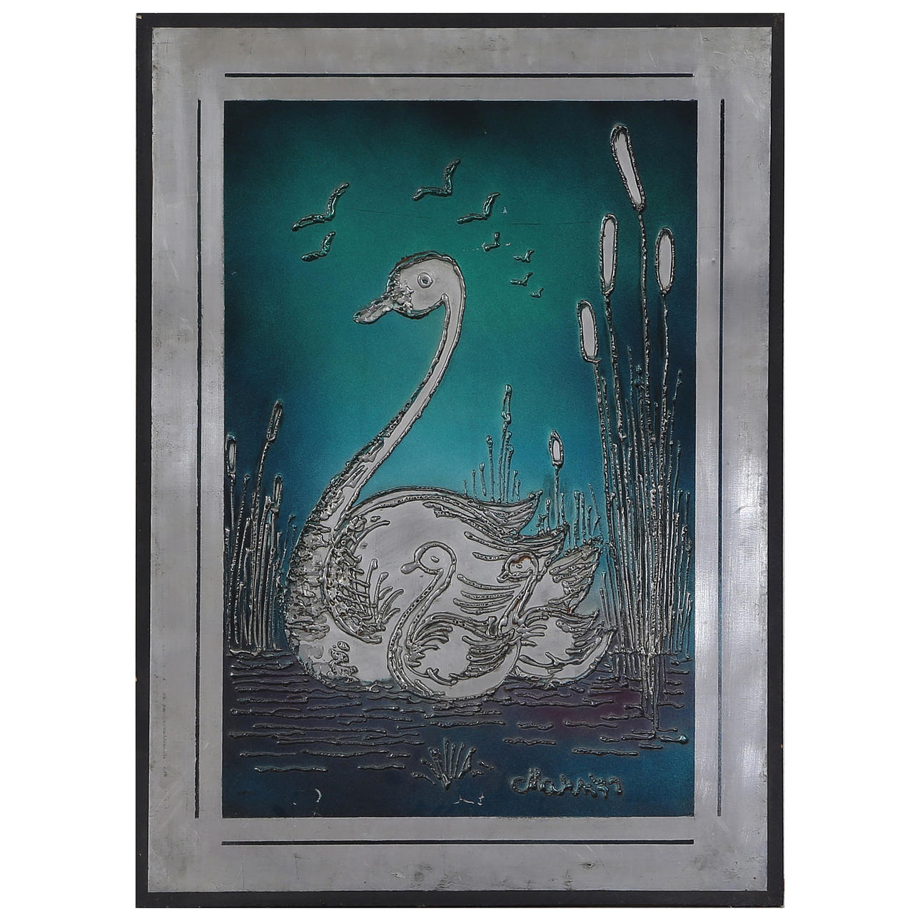 MARN JANE'S “SWANS” COPPER/PEWTER CHALKBOARD, SIGNED.