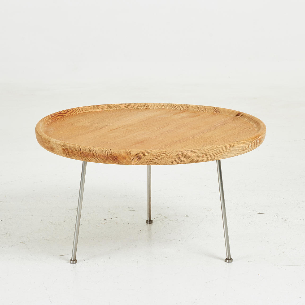 COFFEE TABLE, solid pine table top with raised edge, metal base, contemporary.