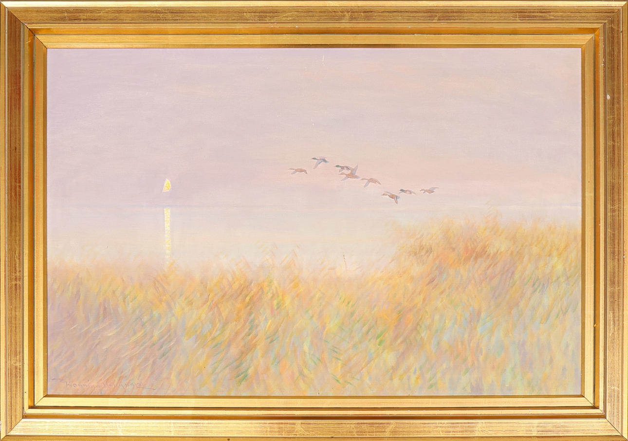 HENNING HOUGAARD. Oil on canvas, “Flying ducks”, signed.