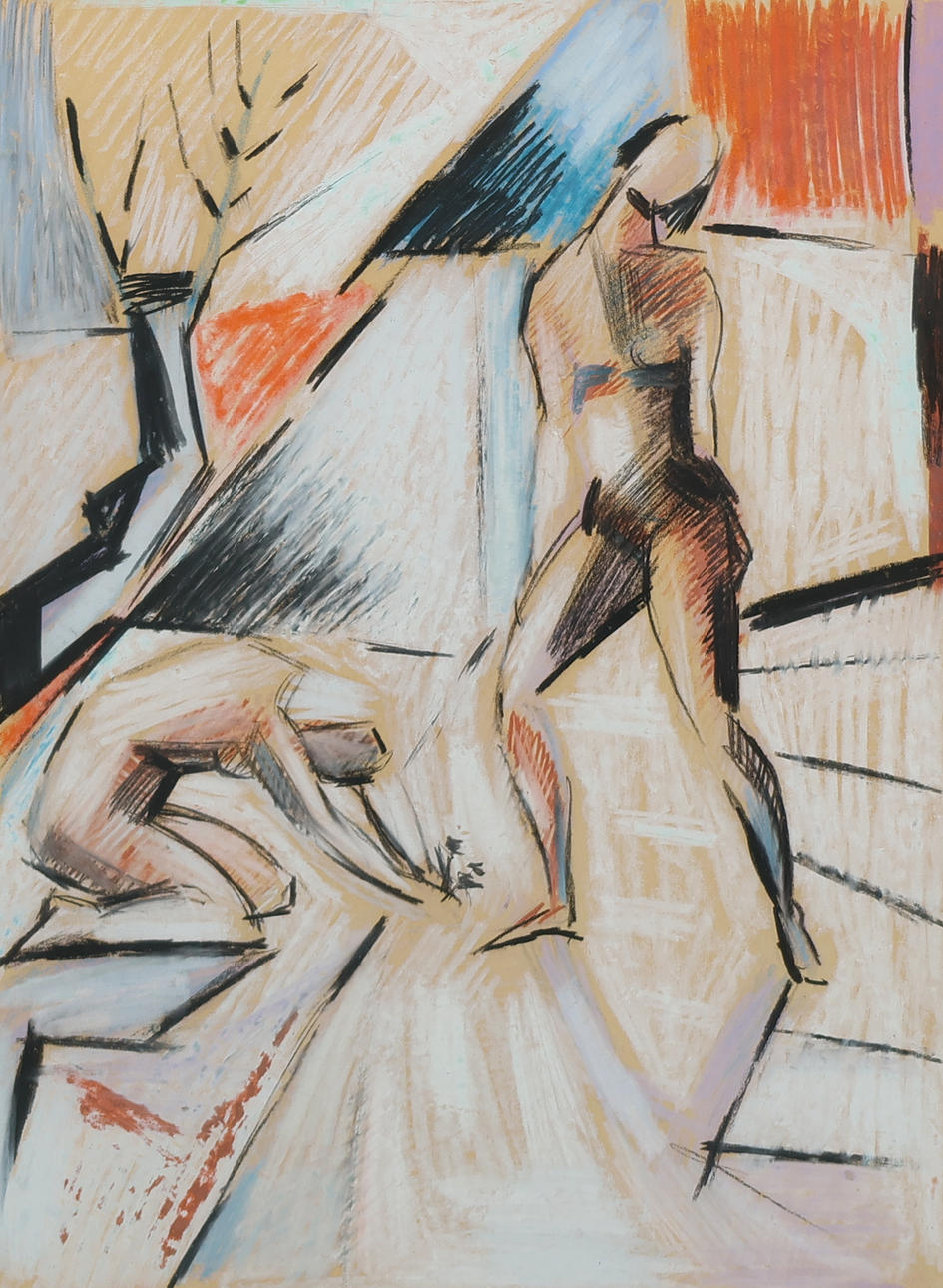 Unknown artist, composition with figures, pastel 1955.