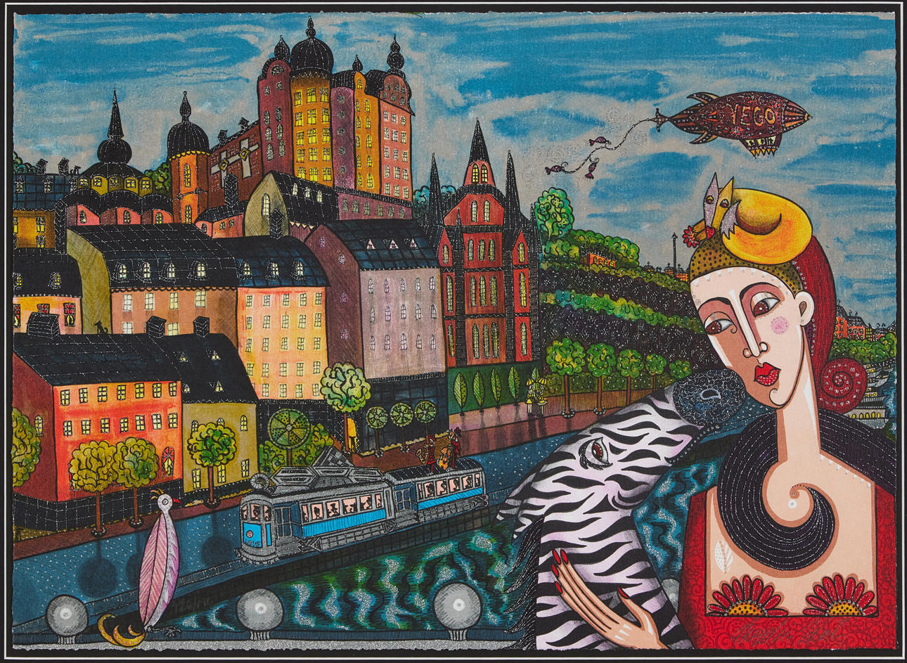 ANGELICA WIIK. “Södermälarstrand”, colour lithograph with glitter applique, signed and numbered 120/190.
