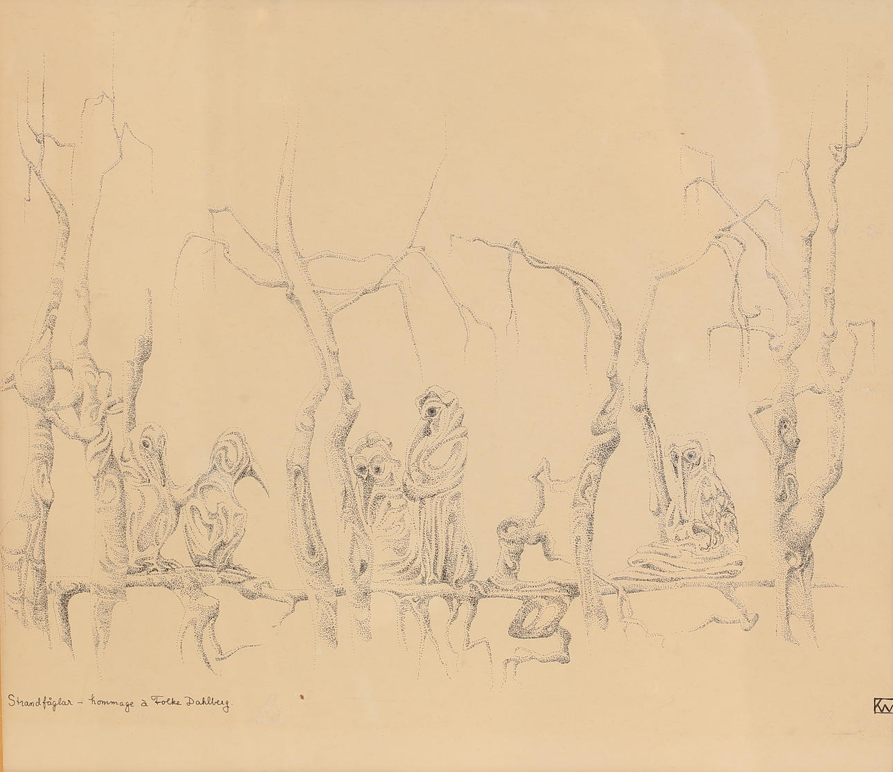 OIDENTIFIERAD KONSTNÄR, tuschteckning, "Strandfåglar", monogramsignerad.